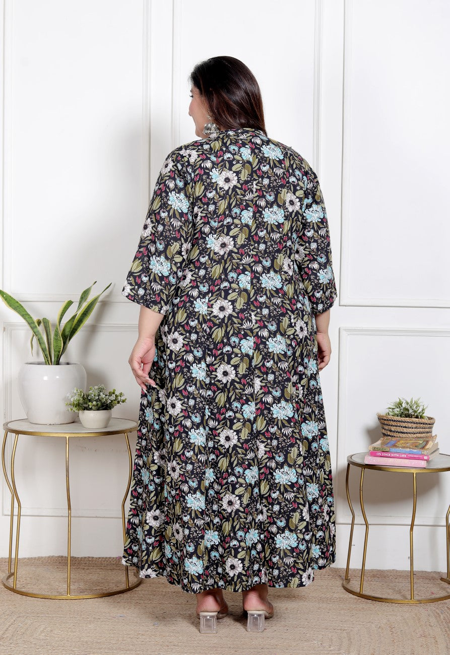 Plus Size Black Floral Print Flared Long Kurta-400068
