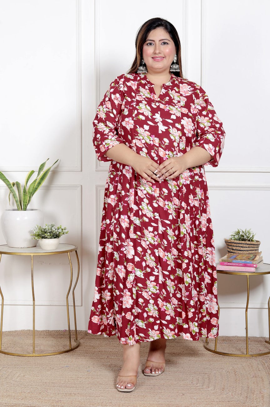 Plus Size Red Floral Print Flared Long Kurta-400069