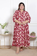 Plus Size Red Floral Print Flared Long Kurta-400069