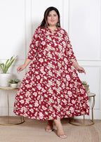 Plus Size Red Floral Print Flared Long Kurta-400069