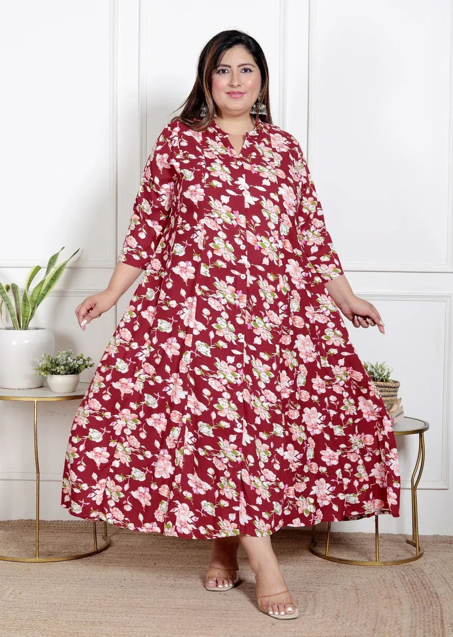 Plus Size Floral Kurta - Red Floral Print Flared Long Kurta – Swasti ...