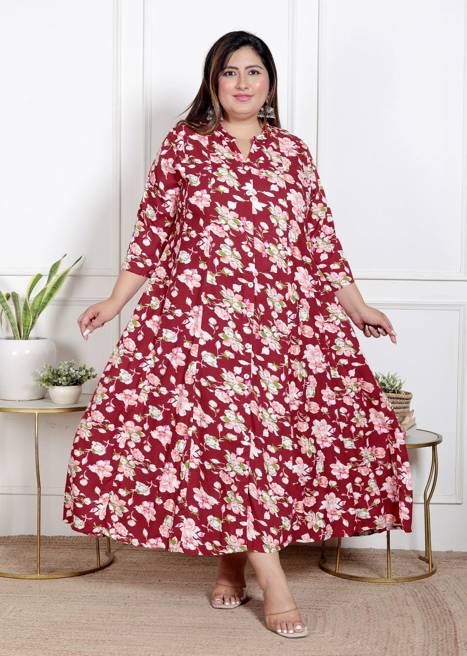 Plus Size Red Floral Print Flared Long Kurta-400069 Main image