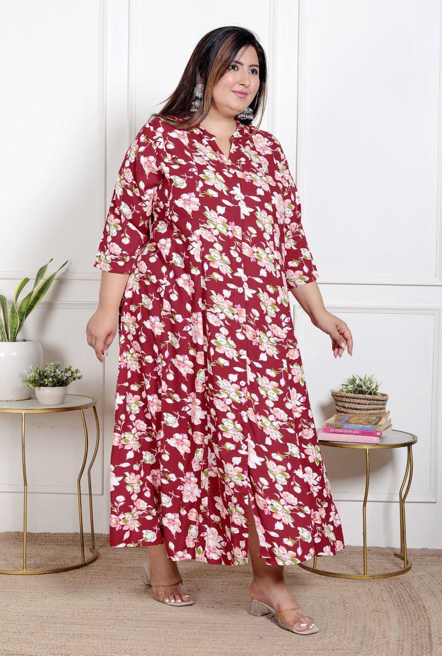 Plus Size Red Floral Print Flared Long Kurta-400069