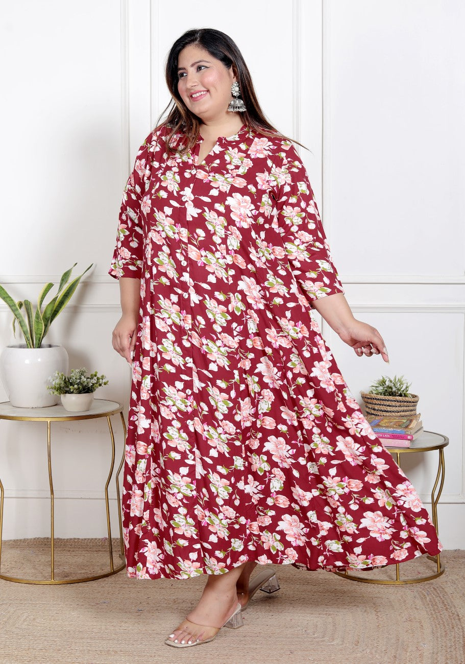 Plus Size Red Floral Print Flared Long Kurta-400069