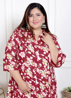 Plus Size Red Floral Print Flared Long Kurta-400069