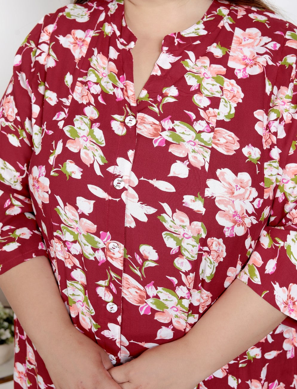 Plus Size Red Floral Print Flared Long Kurta-400069