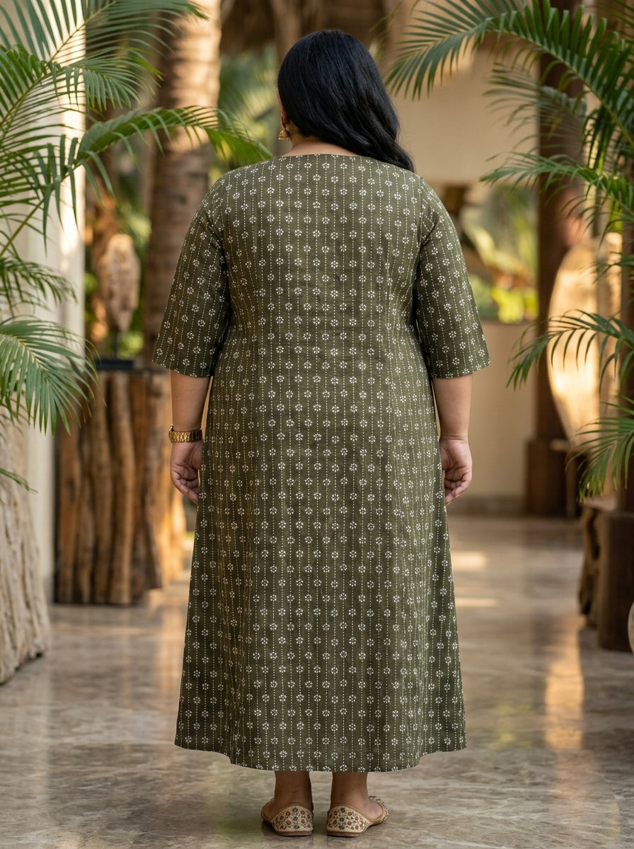 Plus Size Green Rayon Floral Print Flared Long Kurta-400070