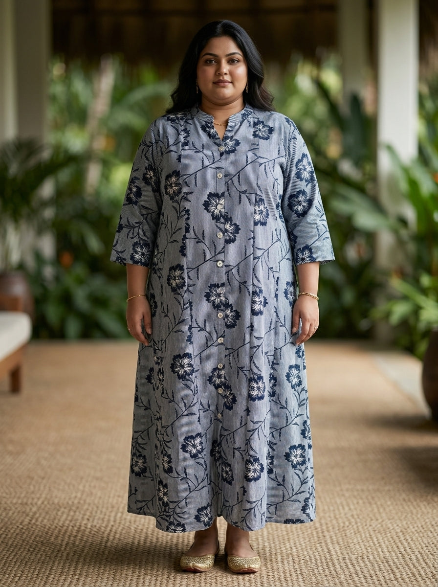 Black Rayon Floral Print Plus Size A-line Gown-400071