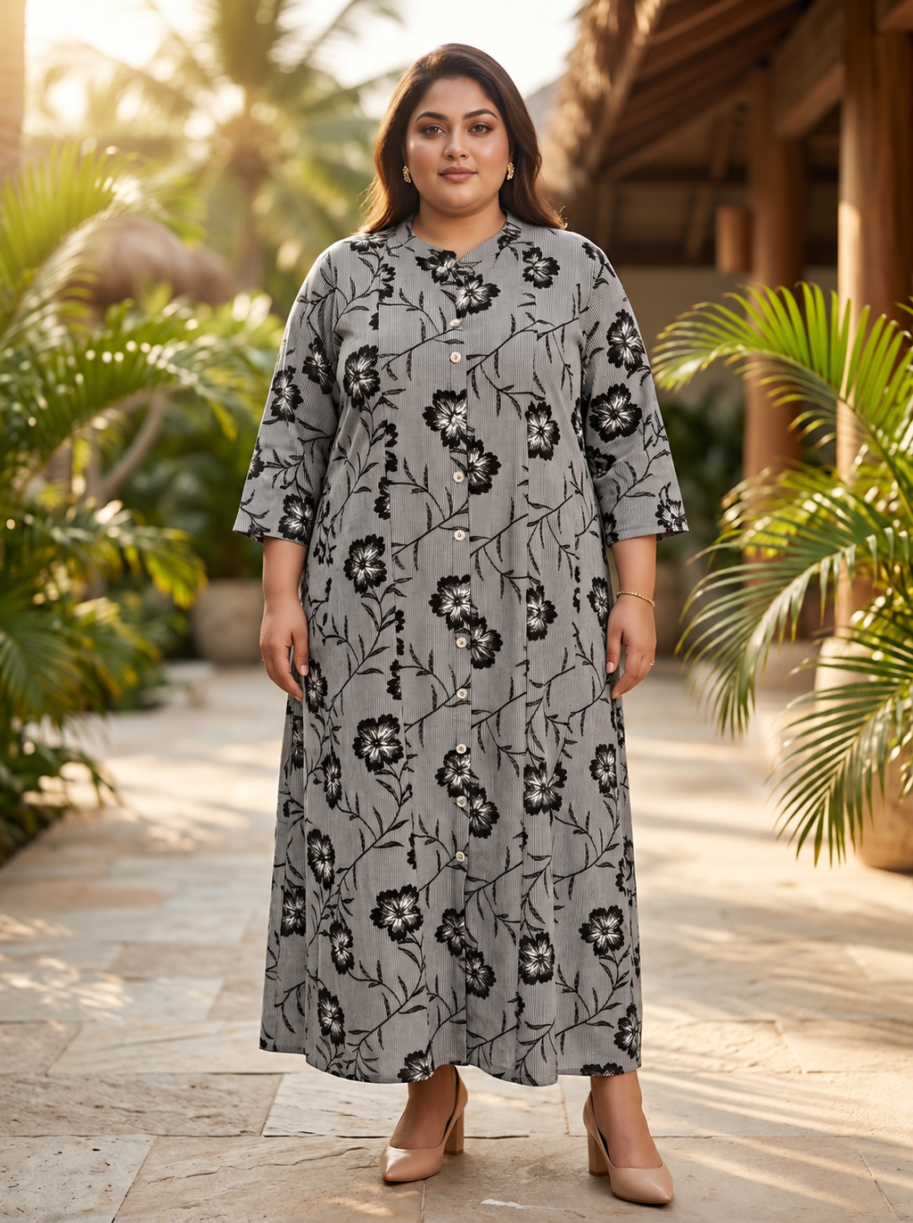 Black Rayon Floral Print Plus Size A-line Gown-400071