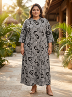 Black Rayon Floral Print Plus Size A-line Gown-400071
