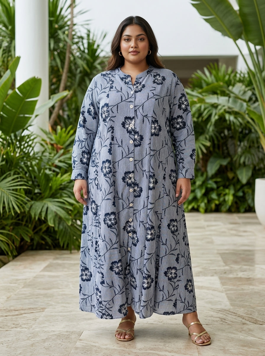 Black Rayon Floral Print Plus Size A-line Gown-400071