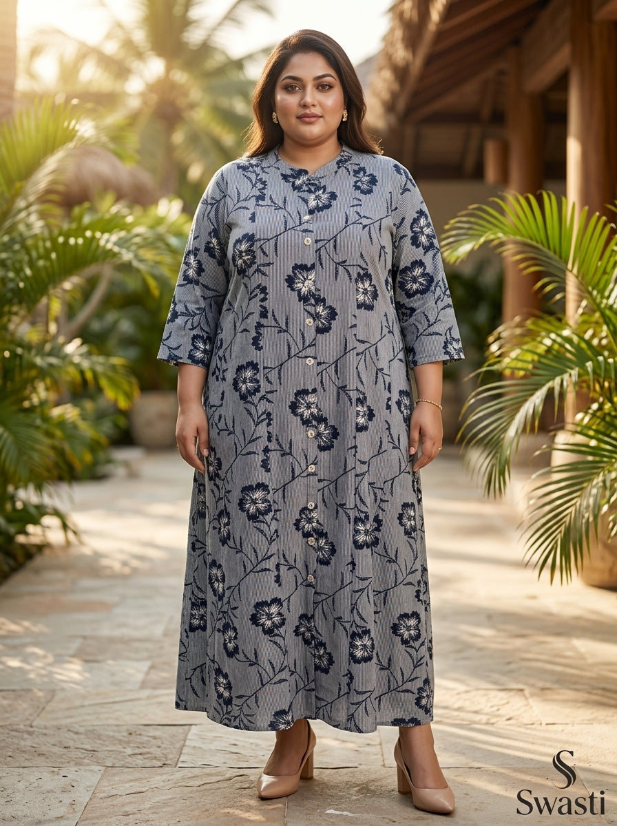 Black Rayon Floral Print Plus Size A-line Gown-400071