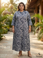 Black Rayon Floral Print Plus Size A-line Gown-400071