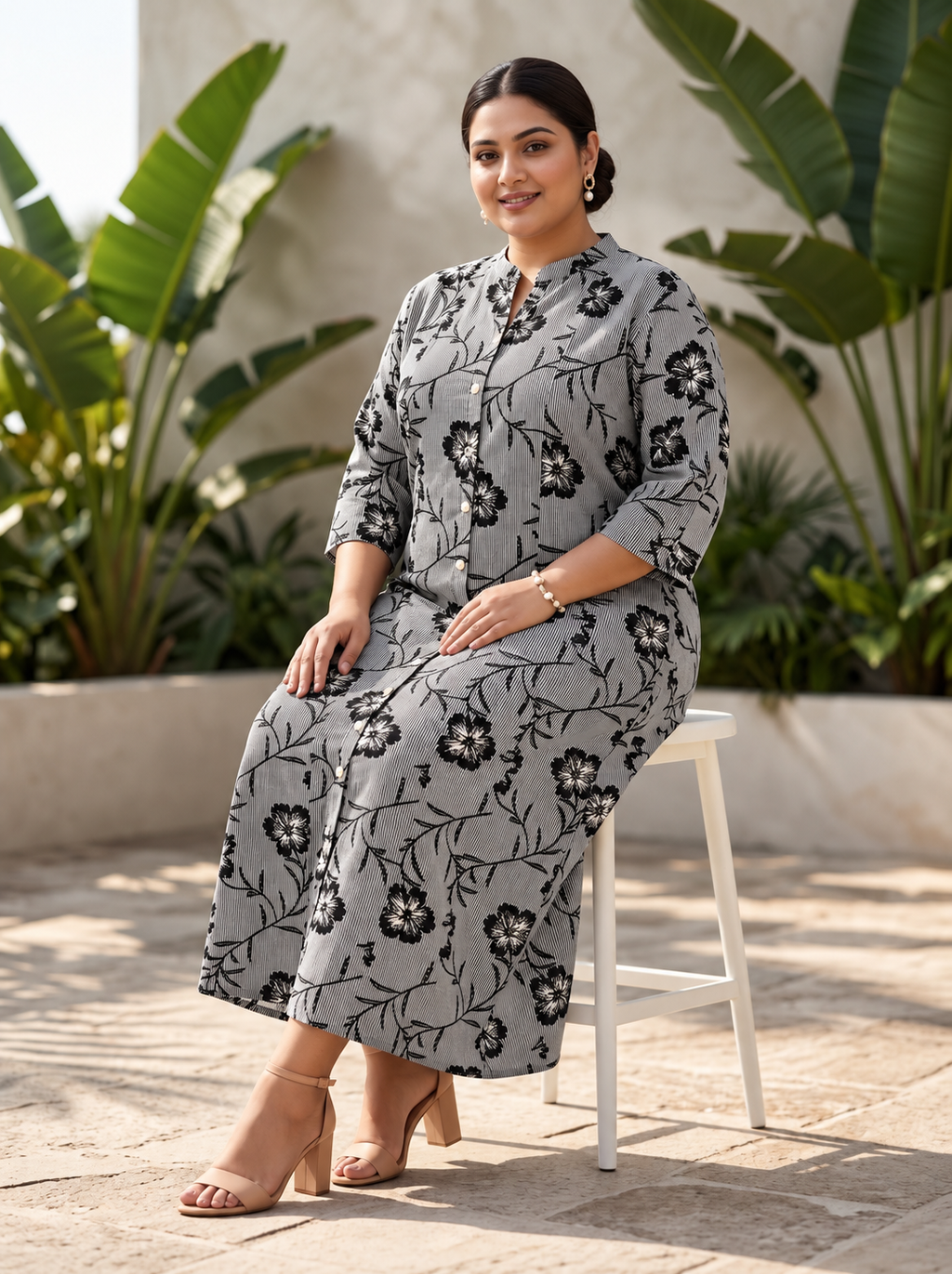 Black Rayon Floral Print Plus Size A-line Gown-400071
