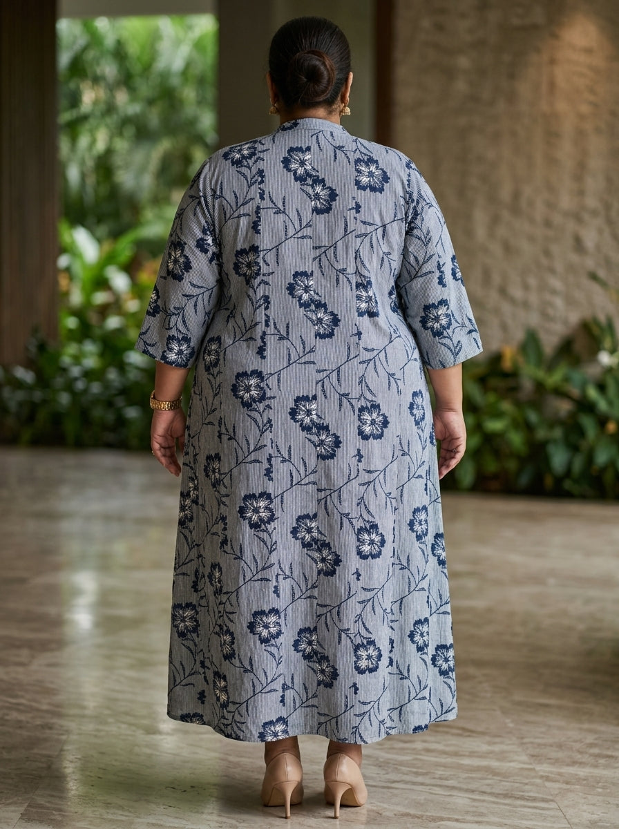 Black Rayon Floral Print Plus Size A-line Gown-400071