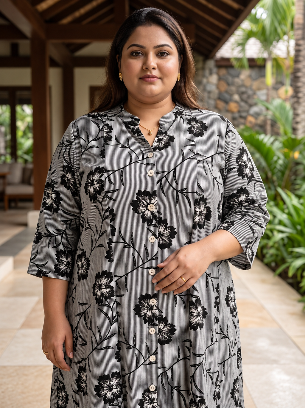 Black Rayon Floral Print Plus Size A-line Gown-400071