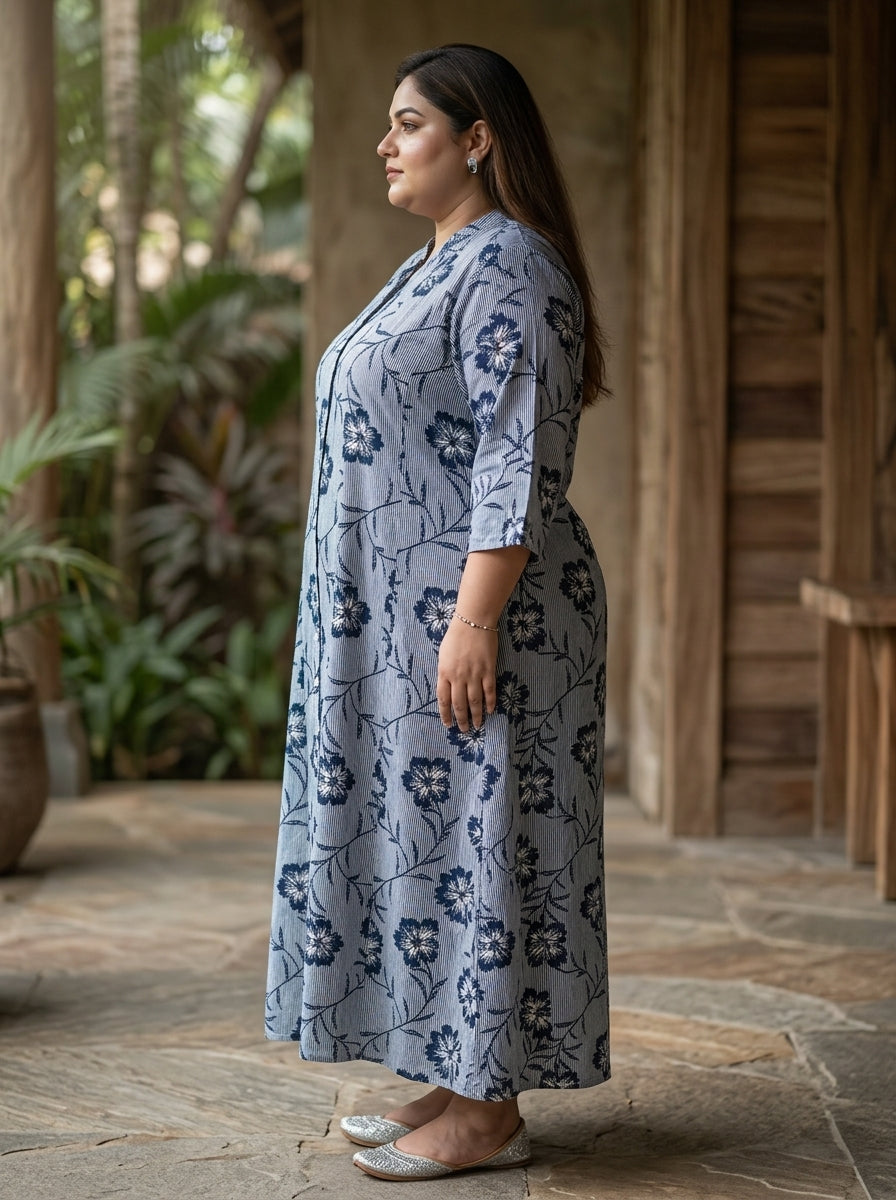Black Rayon Floral Print Plus Size A-line Gown-400071