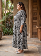 Black Rayon Floral Print Plus Size A-line Gown-400071
