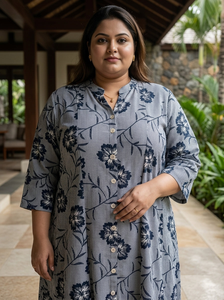 Black Rayon Floral Print Plus Size A-line Gown-400071