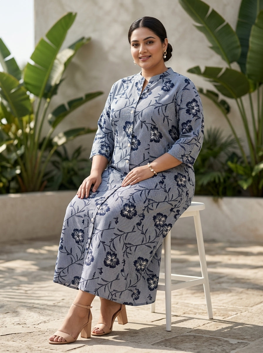 Black Rayon Floral Print Plus Size A-line Gown-400071