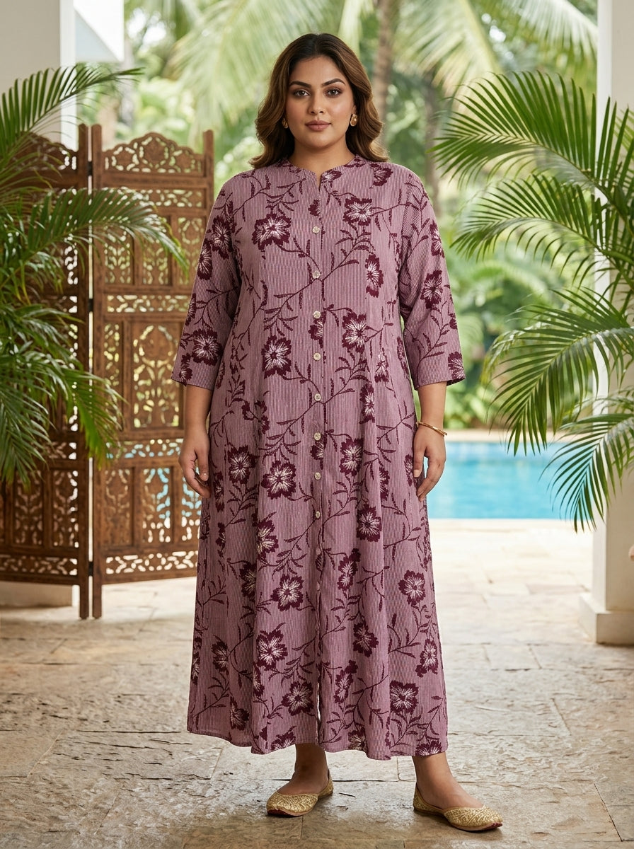 Plus Size Maroon Rayon Floral Print Flared Long Kurta-400072