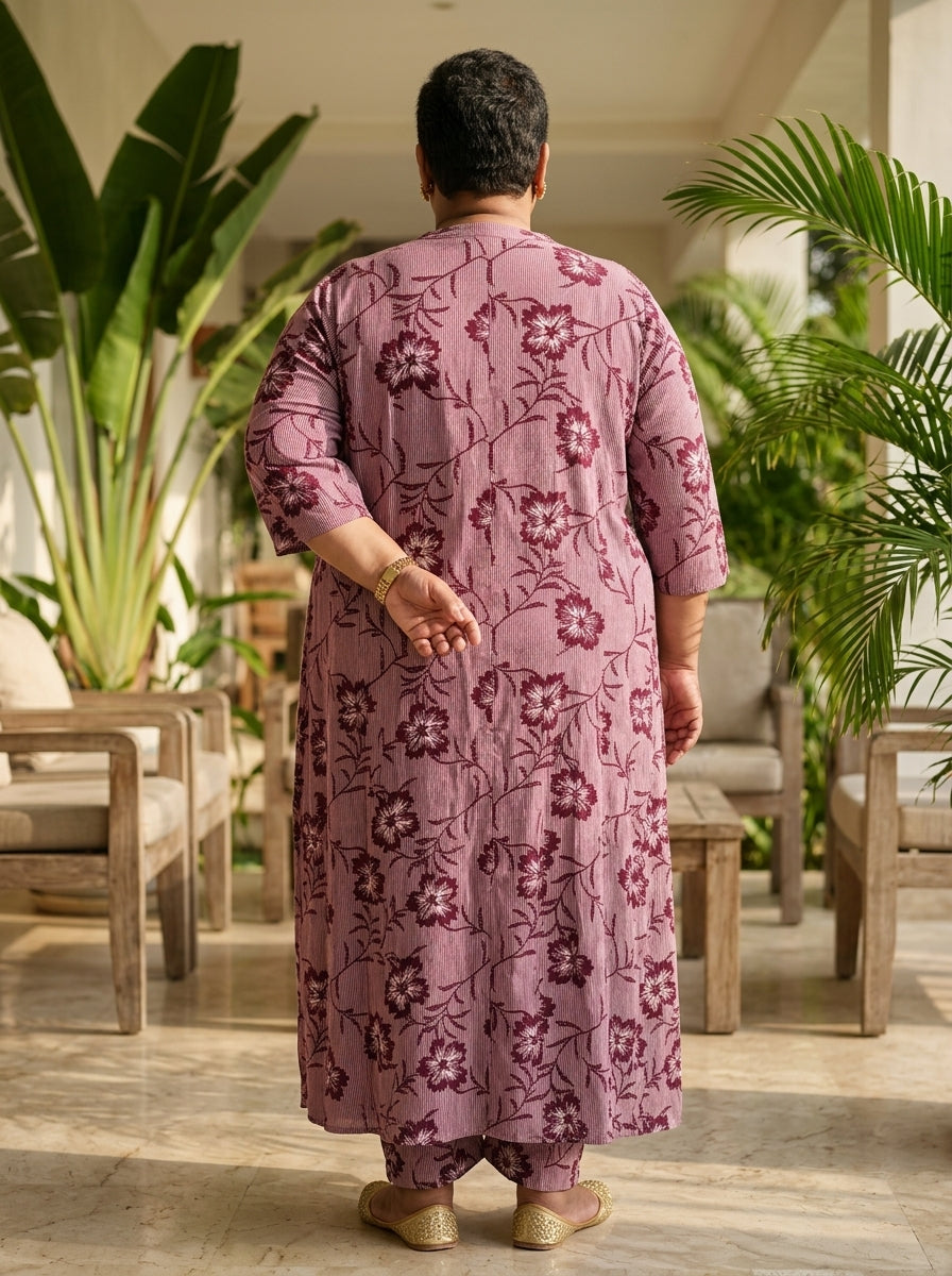 Plus Size Maroon Rayon Floral Print Flared Long Kurta-400072