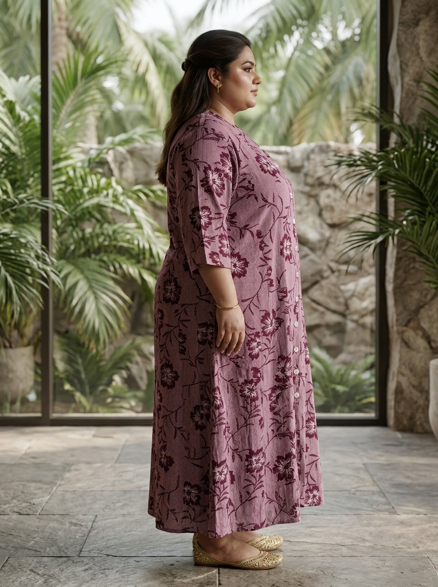 Plus Size Maroon Rayon Floral Print Flared Long Kurta-400072