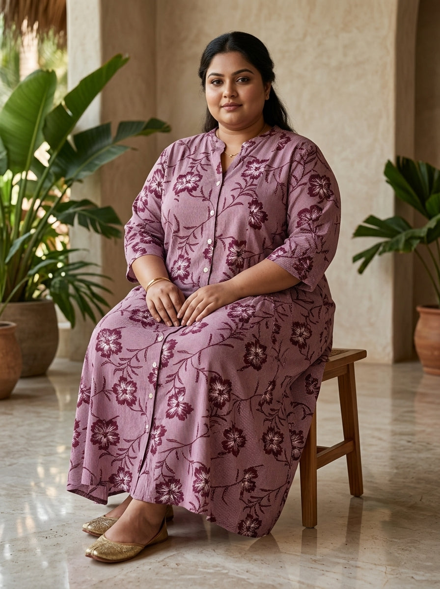 Plus Size Maroon Rayon Floral Print Flared Long Kurta-400072