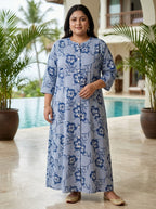 Blue Rayon Floral Print A-line Gown Plus Size-400073
