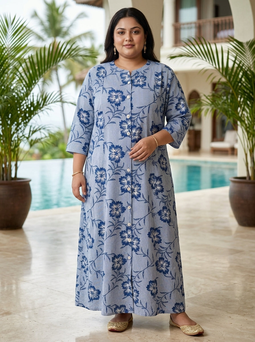 Blue Rayon Floral Print A-line Gown Plus Size-400073