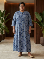 Blue Rayon Floral Print A-line Gown Plus Size-400073