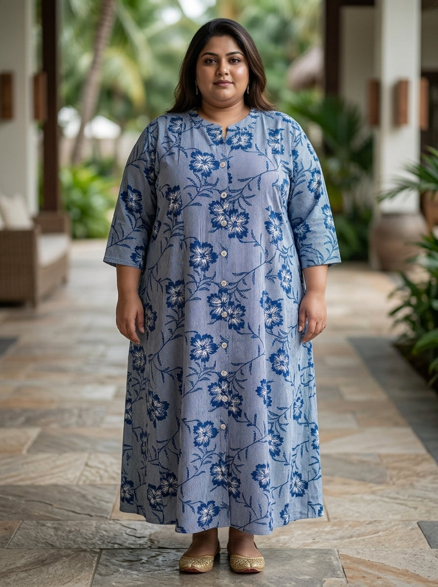Blue Rayon Floral Print A-line Gown Plus Size-400073
