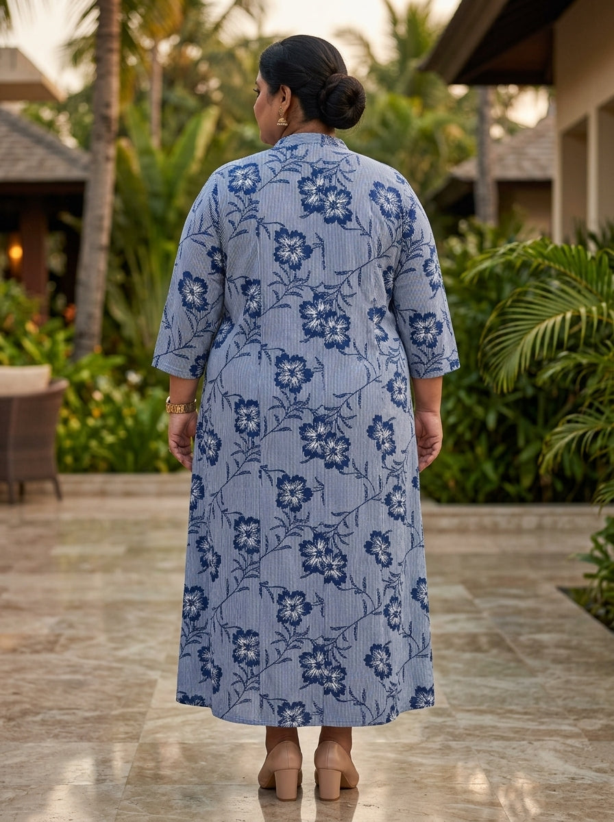 Blue Rayon Floral Print A-line Gown Plus Size-400073