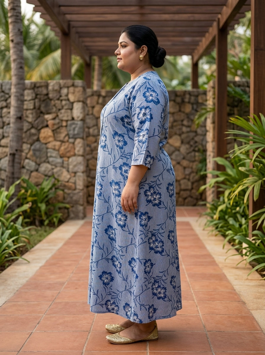 Blue Rayon Floral Print A-line Gown Plus Size-400073