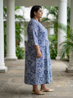 Blue Rayon Floral Print A-line Gown Plus Size-400073