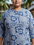 Blue Rayon Floral Print A-line Gown Plus Size-400073