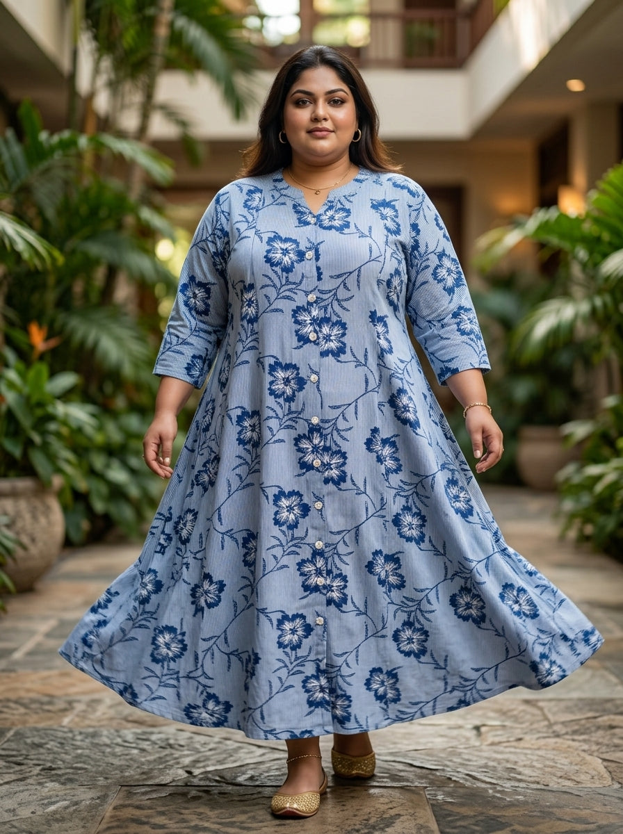 Blue Rayon Floral Print A-line Gown Plus Size-400073