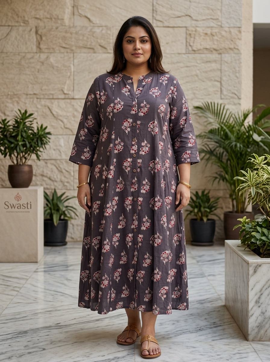 Brown Rayon Floral Print A-line Gown Plus Size-400074