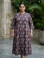 Brown Rayon Floral Print A-line Gown Plus Size-400074