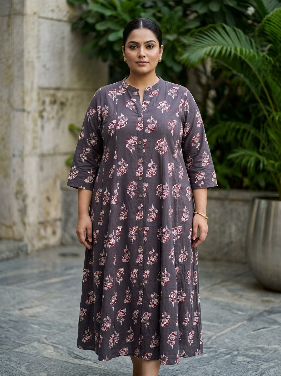 Brown Rayon Floral Print A-line Gown Plus Size-400074