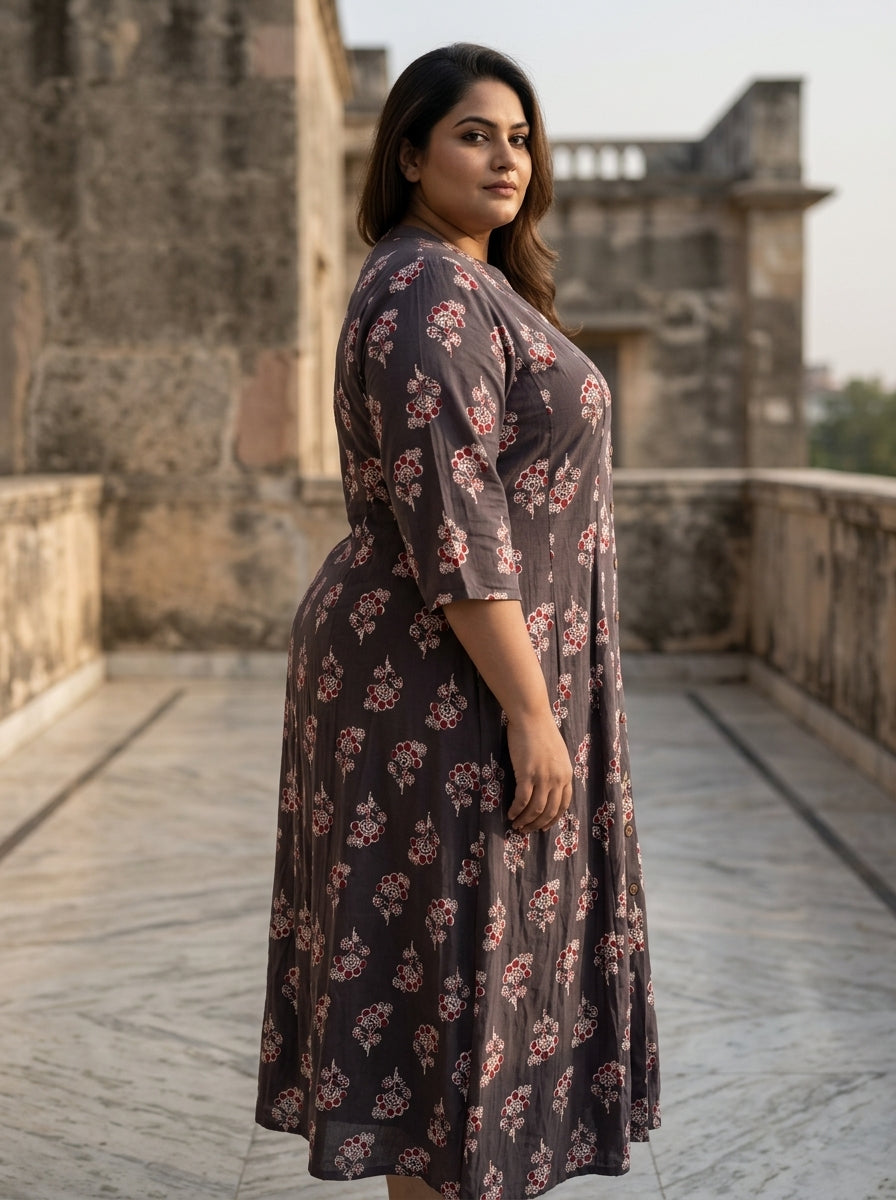 Brown Rayon Floral Print A-line Gown Plus Size-400074