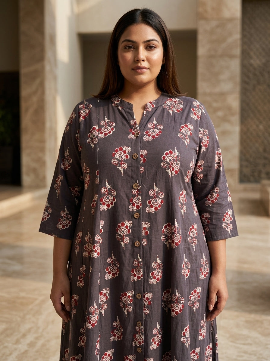 Brown Rayon Floral Print A-line Gown Plus Size-400074