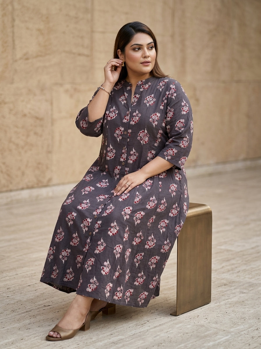 Brown Rayon Floral Print A-line Gown Plus Size-400074