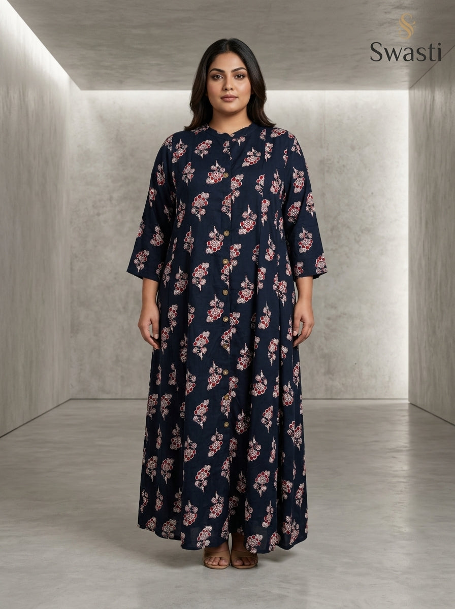 Black Rayon Floral Print Plus Size A-line Gown-400075 Main image