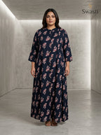 Black Rayon Floral Print Plus Size A-line Gown-400075
