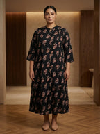 Black Rayon Floral Print Plus Size A-line Gown-400075