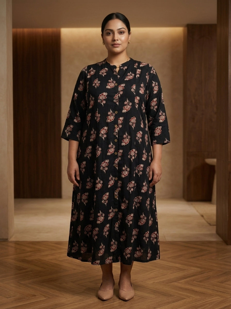 Black Rayon Floral Print Plus Size A-line Gown-400075