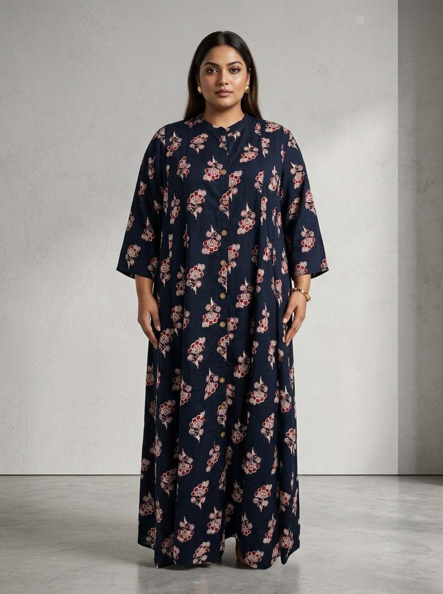 Black Rayon Floral Print Plus Size A-line Gown-400075