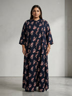Black Rayon Floral Print Plus Size A-line Gown-400075