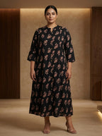 Black Rayon Floral Print Plus Size A-line Gown-400075